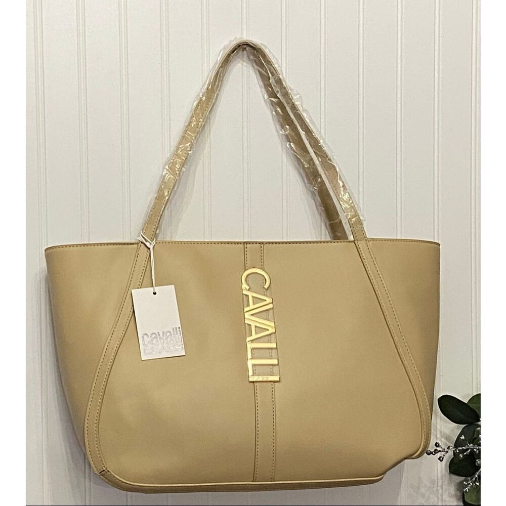 Cavalli Class Sandra Almond Buff Shopper Tote Bag Purse